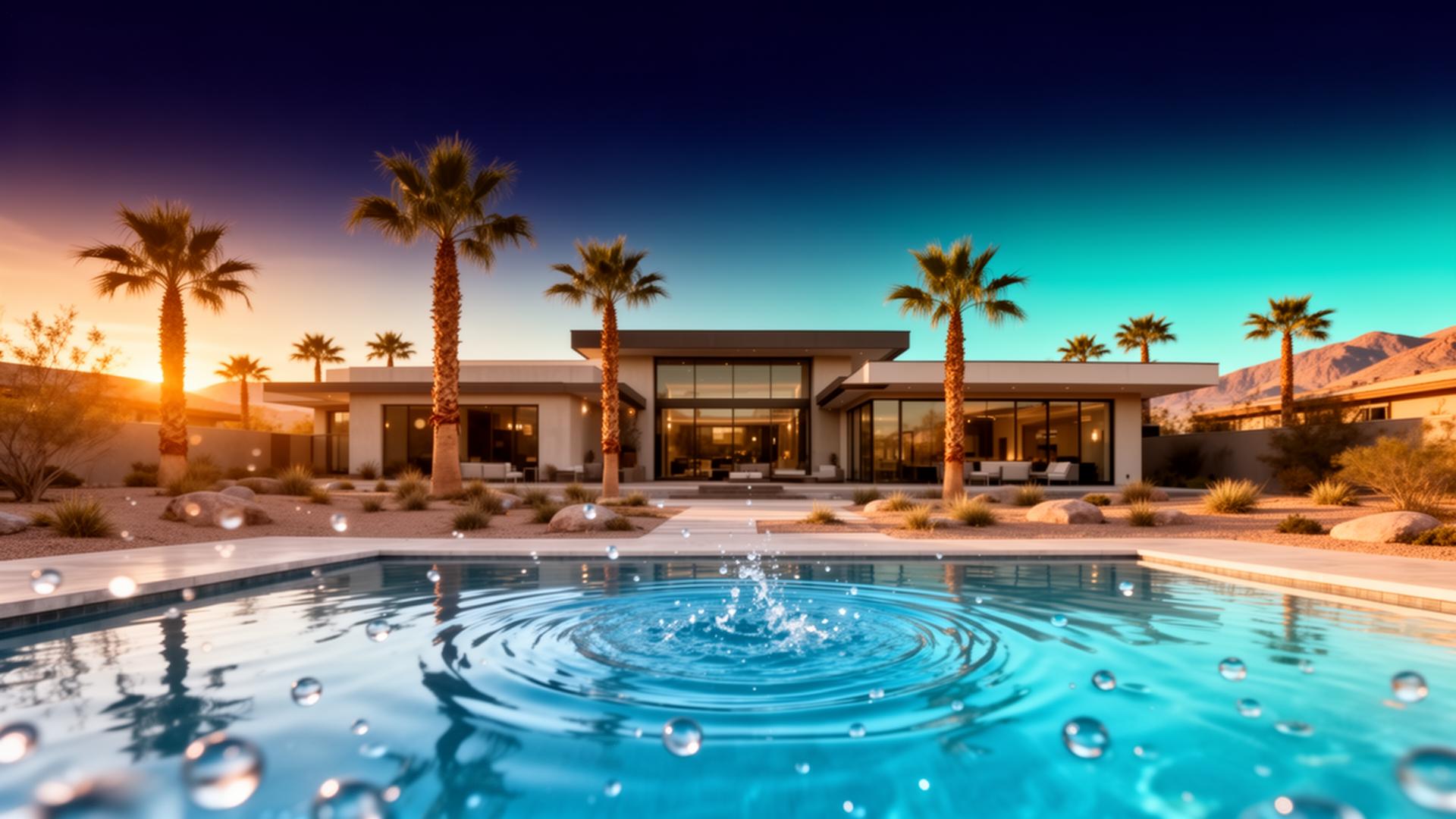 Modern Las Vegas luxury home with desert landscaping and clean water